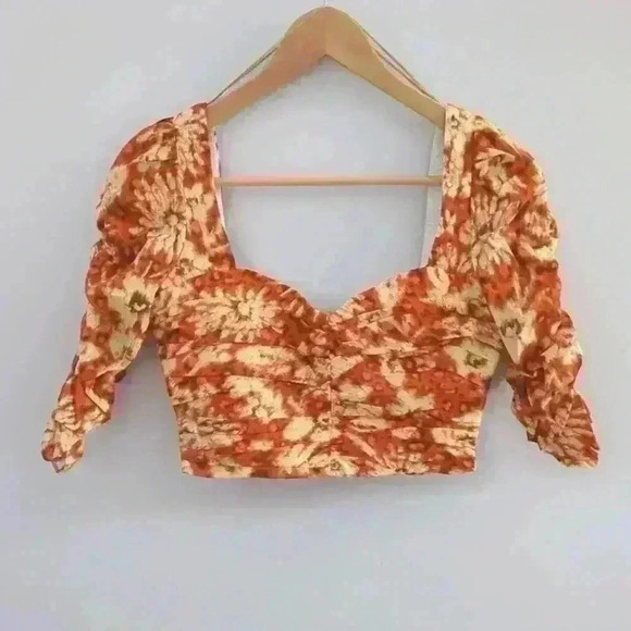 ZARA |  Women's Orange/Cream Printed Drape Cotton Crop Top - Picture 2 of 6